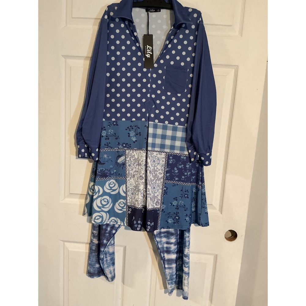 NWT Lily by Firmiana Blue Patchwork Polka Dot Floral Tunic Top Womens Large